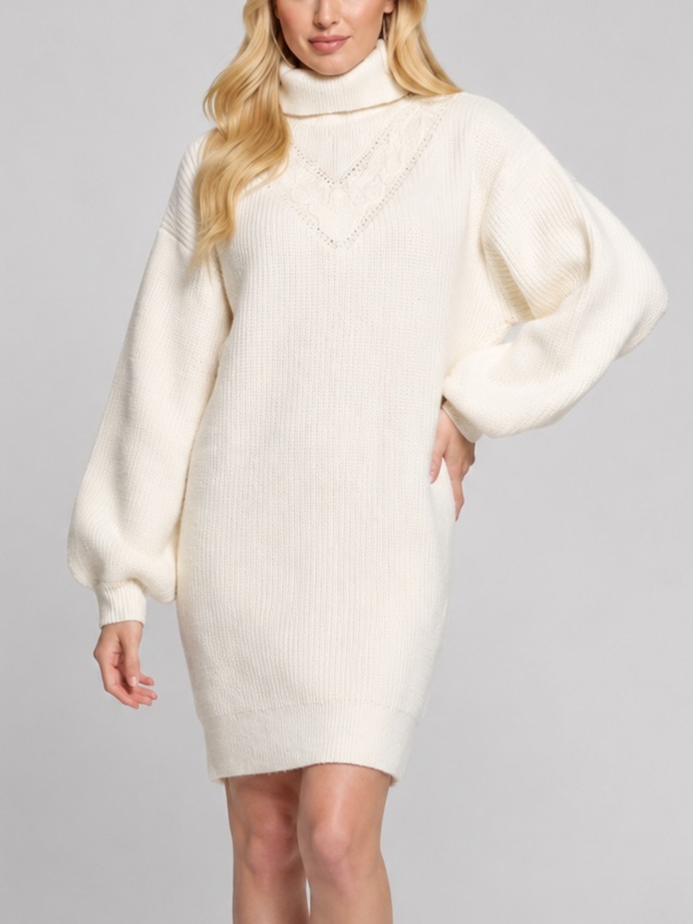 🆕🥥✨ GUESS Dove White Turtleneck Cable Knit long Sweater Dress XS/S Casual Cozy